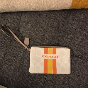 Coach Coin Wristlet in White w/Orange Yellow Sripe